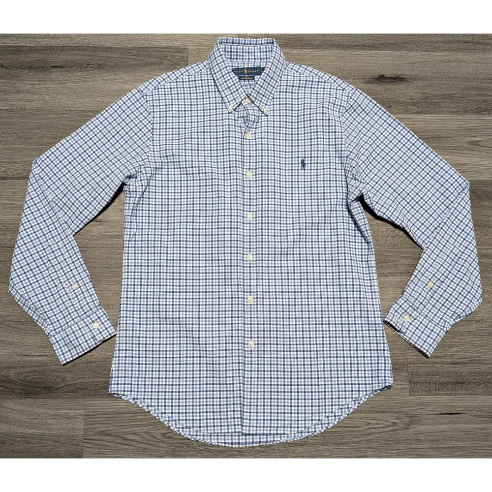 Ralph Lauren Men's Blue White Plaid Slim Fit Stretch Oxford Shirt Size‎ Large